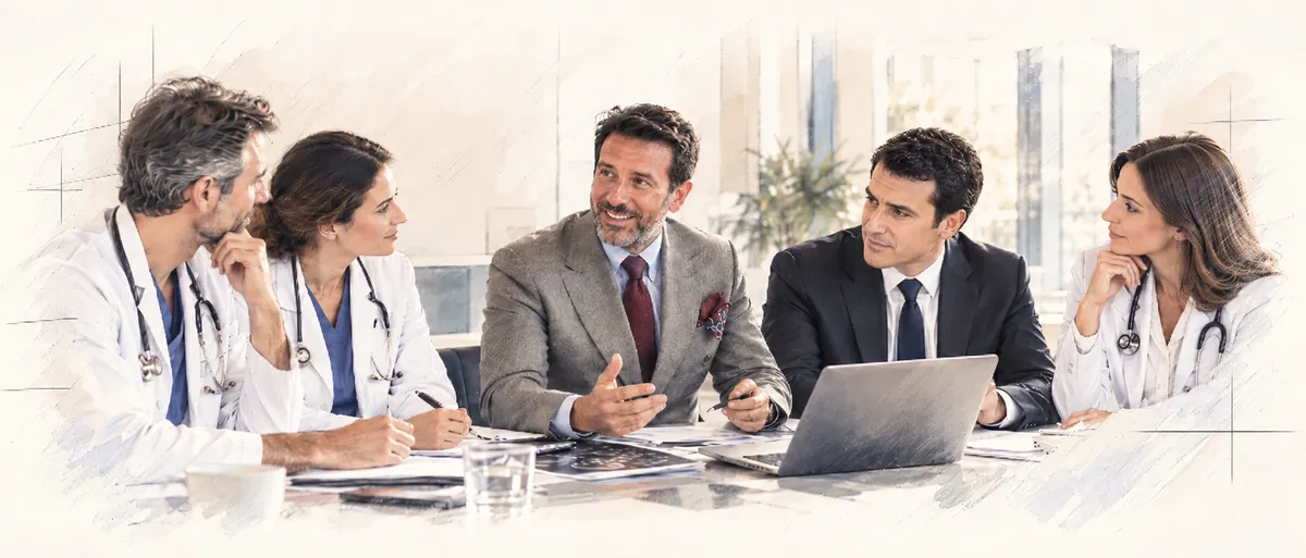Réunion de travail entre conseils et professionnels de santé autour d'un dossier (illustration)